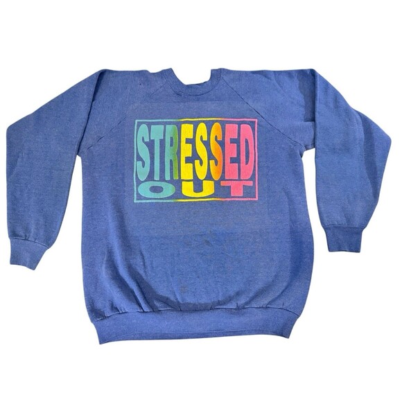 Vintage 80s  Fruit of the Loom Neon STRESSED OUT Blue Crewneck Sweatshirt XL USA - Picture 1 of 8